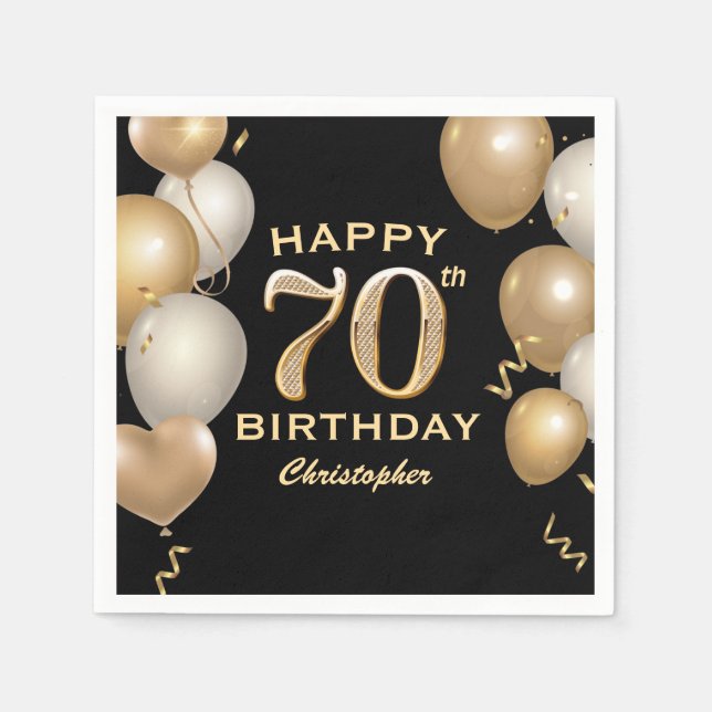 70th Birthday Party Black and Gold Balloons Napkin (Front)