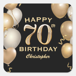 70th Birthday Party Black and Gold Balloons Square Sticker