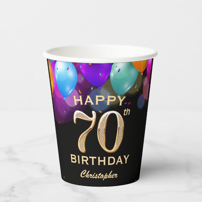 70th Birthday Party Black and Gold Confetti Paper Cups (Front)