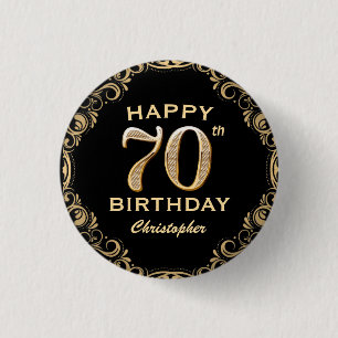 70th Birthday Party Black and Gold Glitter Frame 3 Cm Round Badge