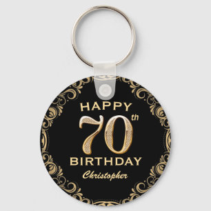 70th Birthday Party Black and Gold Glitter Frame Key Ring