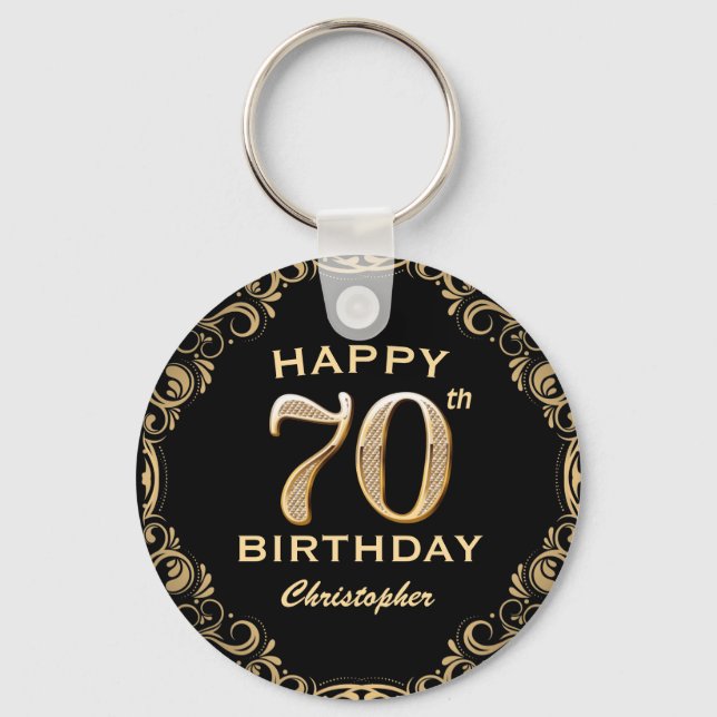 70th Birthday Party Black and Gold Glitter Frame Key Ring (Front)