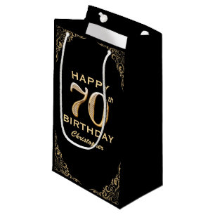 70th Birthday Party Black and Gold Glitter Frame Small Gift Bag