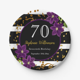 70th Birthday Party  Black and Gold Glitter Paper Plate