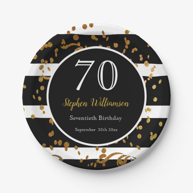 70th Birthday Party| Black and Gold Glitter Paper Plate (Front)
