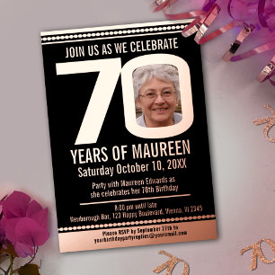 70th Birthday party black and rose gold foil photo
