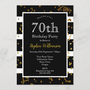 70th Birthday Party Black and White   Gold Glitter Invitation