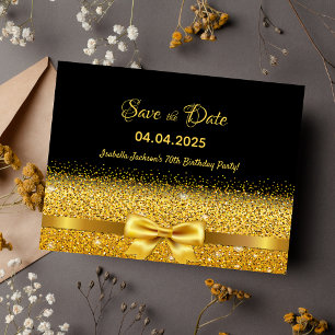 70th birthday party black gold bow save the date postcard