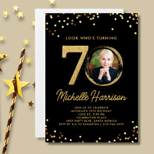 70th Birthday Party Black Gold Confetti Photo  Invitation