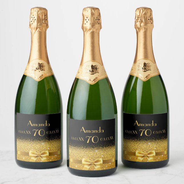 70th birthday party black gold luxurious monogram sparkling wine label (Bottles)