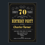 70th Birthday Party - Black Gold White Invitation<br><div class="desc">70th Birthday Party Invitation.
Elegant black,  gold and white retro design with chalkboard pattern and script font. Cheers to 70 years! Message me if you need further customization.</div>