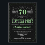70th Birthday Party - Black Green Invitation<br><div class="desc">70th Birthday Party Invitation.
Elegant black,  green and white retro design with chalkboard pattern and script font. Cheers to 70 years! Message me if you need further customization.</div>