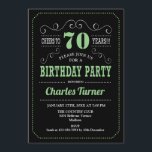 70th Birthday Party - Black Green Invitation<br><div class="desc">70th Birthday Party Invitation.
Elegant black,  green and white retro design with chalkboard pattern and script font. Cheers to 70 years! Message me if you need further customization.</div>