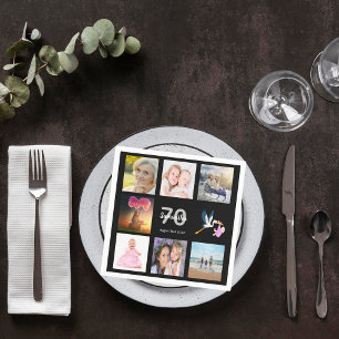 70th birthday party black photo collage name napkin
