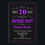 70th Birthday Party - Black Purple Invitation<br><div class="desc">70th Birthday Party Invitation.
Elegant black,  purple and white retro design with chalkboard pattern and script font. Cheers to 70 years! Message me if you need further customization.</div>