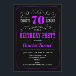 70th Birthday Party - Black Purple Invitation<br><div class="desc">70th Birthday Party Invitation.
Elegant black,  purple and white retro design with chalkboard pattern and script font. Cheers to 70 years! Message me if you need further customization.</div>