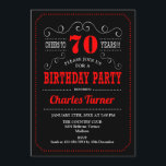 70th Birthday Party - Black Red White Invitation<br><div class="desc">70th Birthday Party Invitation.
Elegant black,  red and white retro design with chalkboard pattern and script font. Cheers to 70 years! Message me if you need further customization.</div>