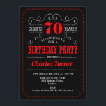 70th Birthday Party - Black Red White Invitation<br><div class="desc">70th Birthday Party Invitation.
Elegant black,  red and white retro design with chalkboard pattern and script font. Cheers to 70 years! Message me if you need further customization.</div>
