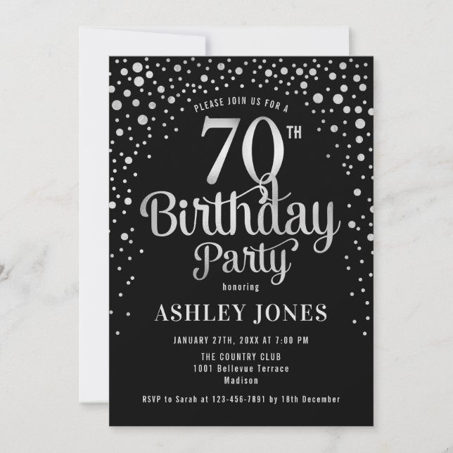 70th Birthday Party - Black & Silver Invitation (Front)
