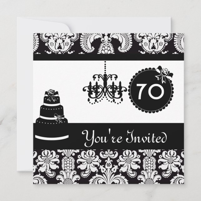 70th Birthday Party Black & White Damask Invitatio Invitation (Front)