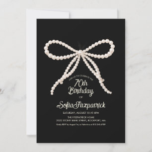 70th Birthday Party Black White Pearl Bow Invitation