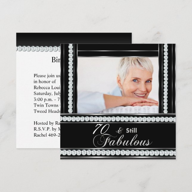 70th Birthday Party Black White Silver Diamond Invitation (Front/Back)
