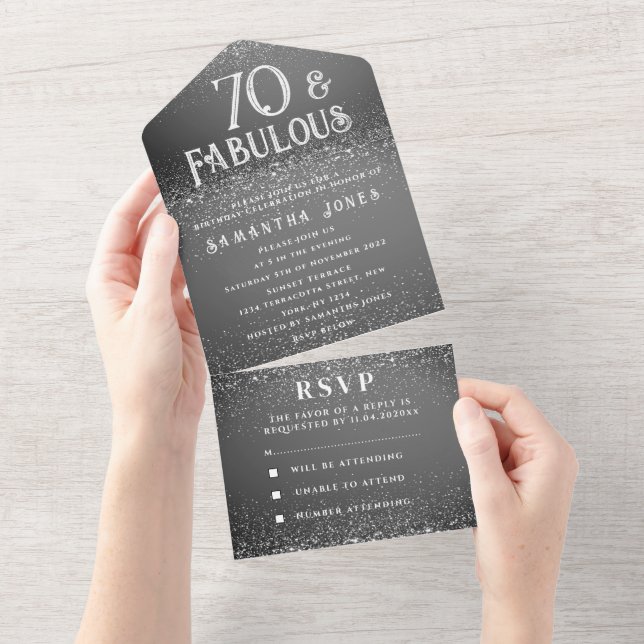 70th Birthday Party Black White Sparkle Modern All In One Invitation (Tearaway)