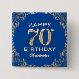 70th Birthday Party Blue and Gold Glitter Frame 15 Cm Square Badge