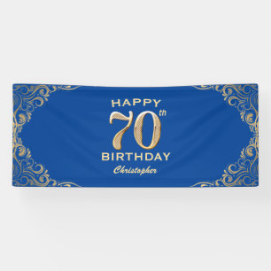 70th Birthday Party Blue and Gold Glitter Frame Banner