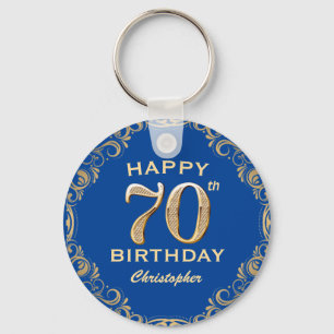 70th Birthday Party Blue and Gold Glitter Frame Key Ring