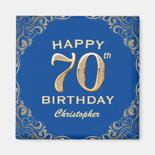 70th Birthday Party Blue and Gold Glitter Frame Magnet