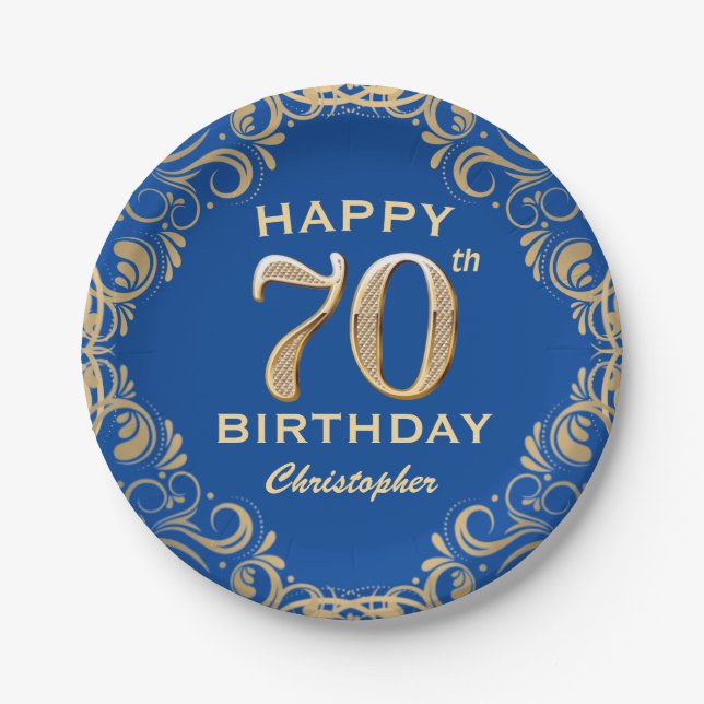 70th Birthday Party Blue and Gold Glitter Frame  Paper Plate (Front)