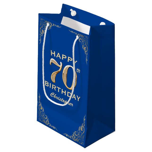 70th Birthday Party Blue and Gold Glitter Frame Small Gift Bag (Front Angled)
