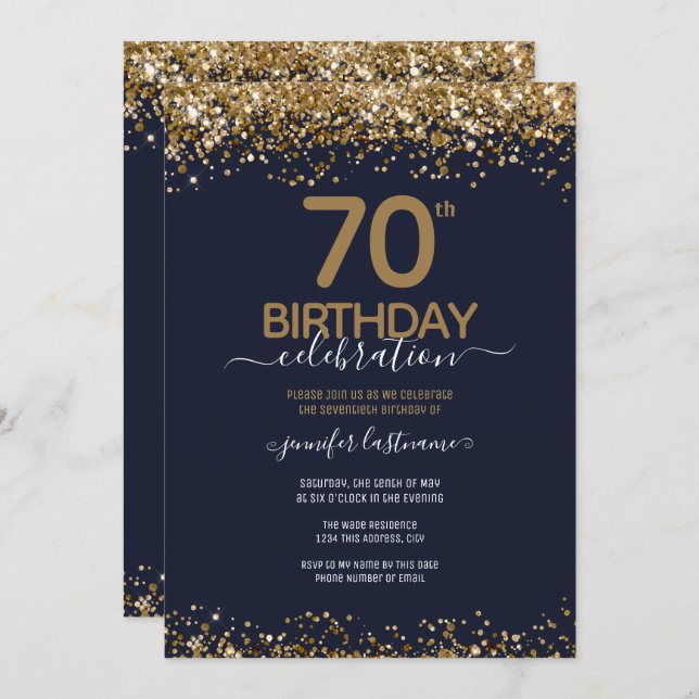 70th Birthday Party Blue and Gold Invitation (Front/Back)