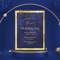 70th birthday party blue gold confetti invitation