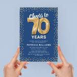 70th Birthday Party Blue Gold Invitation<br><div class="desc">Elegant seventieth birthday party invitation featuring a trendy blue background that can be changed to any colour,  gold sparkly glitter,  seventy gold hellium balloons,  and a modern 70th birthday celebration text template that is easy to personalise.</div>