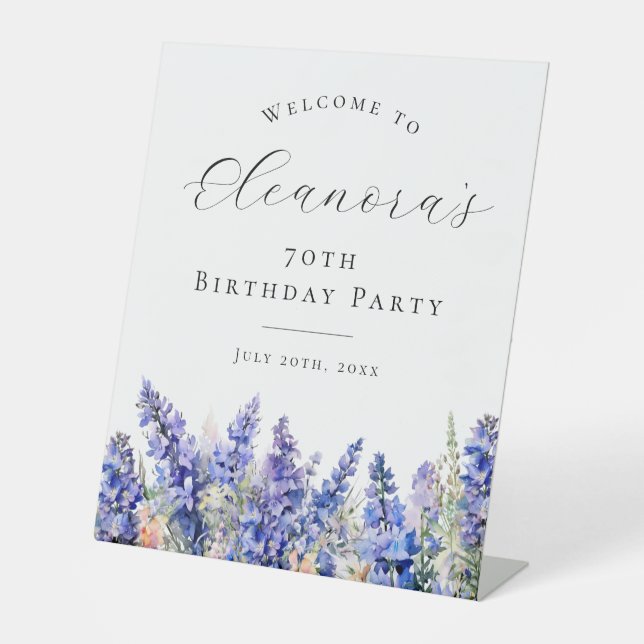 70th Birthday Party Blue July Birth Flower Welcome Pedestal Sign (Front)