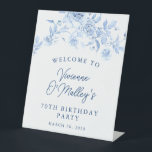 70th Birthday Party Blue Rose Floral Welcome Pedestal Sign<br><div class="desc">Welcome your guests in style with this blue floral welcome sign. All text is editable.</div>