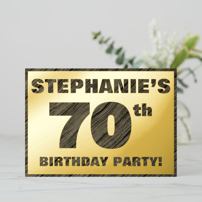 70th Birthday Party — Bold, Faux Wood Grain Text (Standing Front)