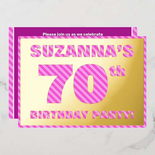 70th Birthday Party — Bold, Fun, Pink Stripes # 70 (Front/Back)