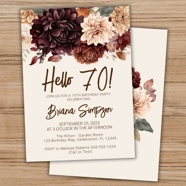 70th Birthday Party Brown Beige Ivory Floral Invitation (Creator Uploaded)