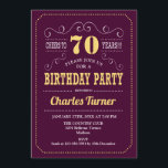 70th Birthday Party - Burgundy Gold Invitation<br><div class="desc">70th Birthday Party Invitation.
Elegant burgundy and yellow gold retro design with script font. Cheers to 70 years! Message me if you need further customisation.</div>