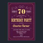 70th Birthday Party - Burgundy Gold Invitation<br><div class="desc">70th Birthday Party Invitation.
Elegant burgundy and yellow gold retro design with script font. Cheers to 70 years! Message me if you need further customisation.</div>