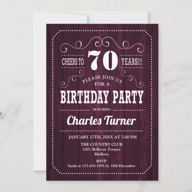 70th Birthday Party - Burgundy Wood Pattern Invitation (Front)