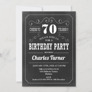 70th Birthday Party - Chalkboard Black White Invitation
