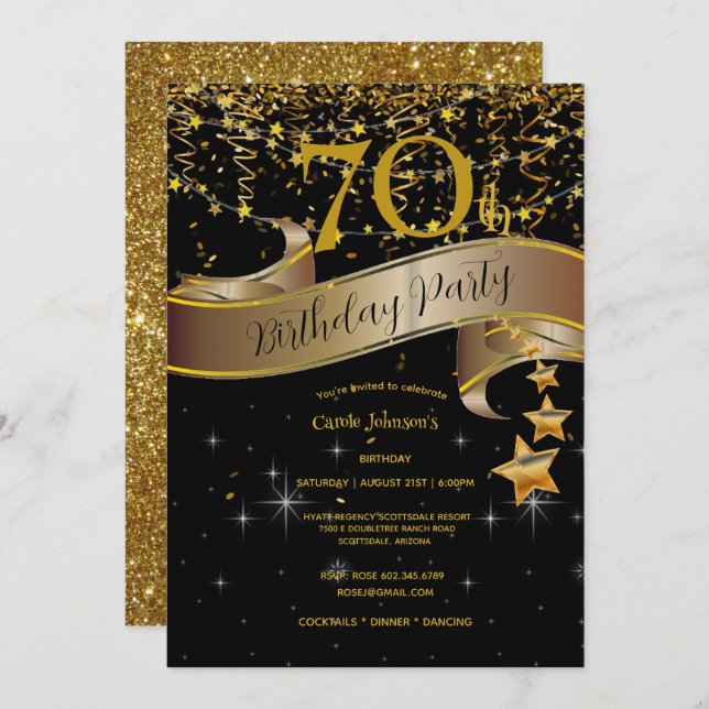 70th Birthday Party Champagne Glasses Streamers  Invitation (Front/Back)