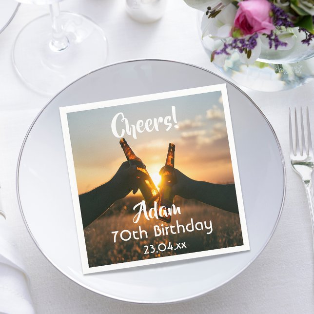 70th birthday party cheers beer men guy napkin (Creator Uploaded)