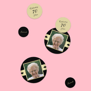 70th Birthday Party confetti with Photo in Black