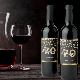 70th birthday party diamonds glitter black gold wine label