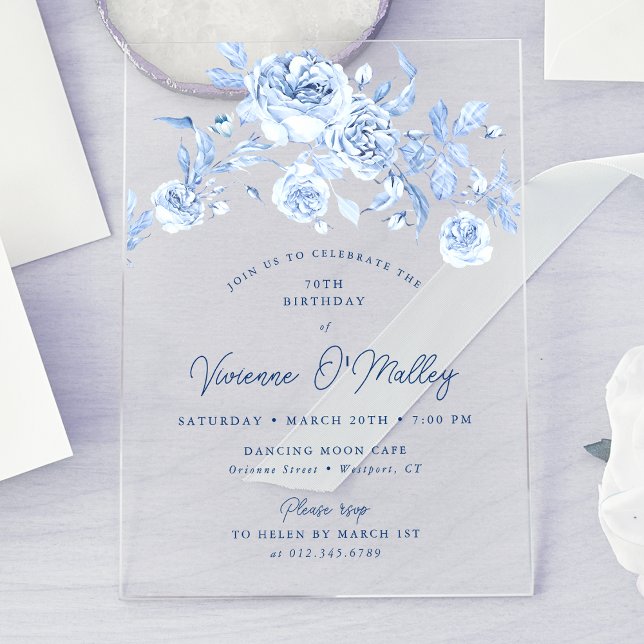 70th Birthday Party Dusty Blue Floral Acrylic Invitations (Creator Uploaded)